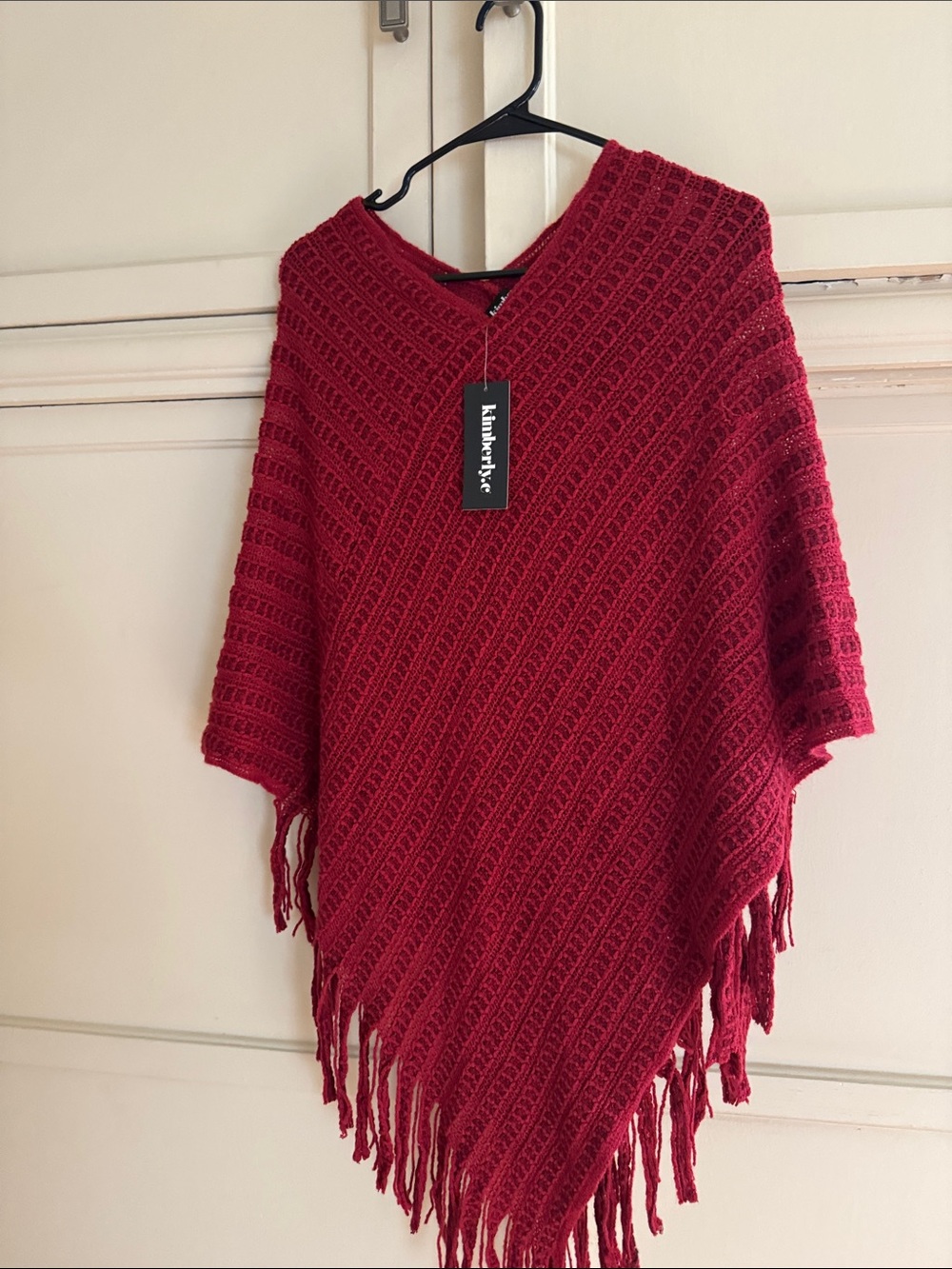 Knit V-Neck Fringe Poncho Sweater - Red
